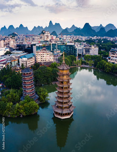 Vászonkép Guilin Park Twin Pagodas in Guangxi province of China