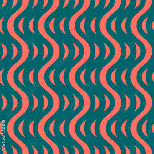 Colorful wavy lines seamless pattern. Vector texture with bright waves, vertical curved stripes. Modern abstract background in trendy colors, living coral and dark green. Repeat decorative design 