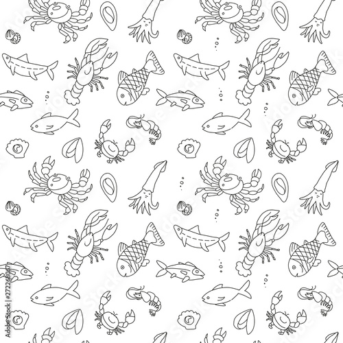 Seamless pattern with cute hand drawn fish and other marine inhabitants in doodle scandinavian style. Vector collection on white background