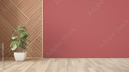 Fototapeta Naklejka Na Ścianę i Meble -  Empty room with wooden panel and potted plant, parquet floor. Red wall background with copy space. Interior design concept idea, modern architecture template