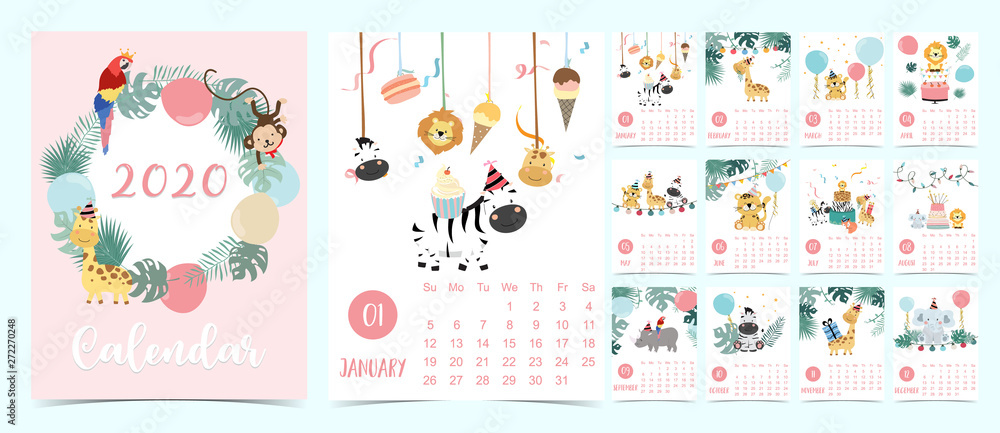 Animal calendar 2020 with elephant,giraffe,tiger,fox,parrot for children.Can be used for printable graphic