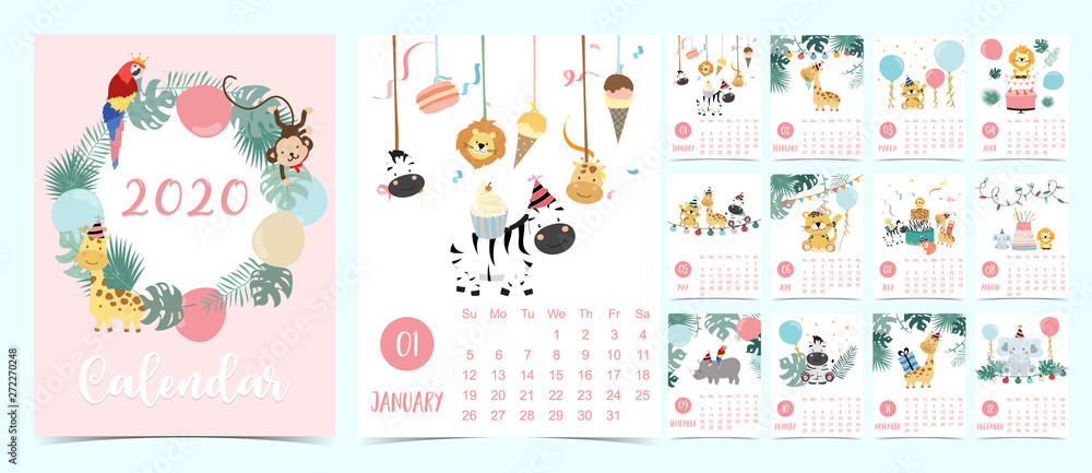 Animal calendar 2020 with elephant,giraffe,tiger,fox,parrot for children.Can be used for printable graphic Animal calendar 2020 with elephant,giraffe,tiger,fox,parrot for children.Can be used for printable graphic