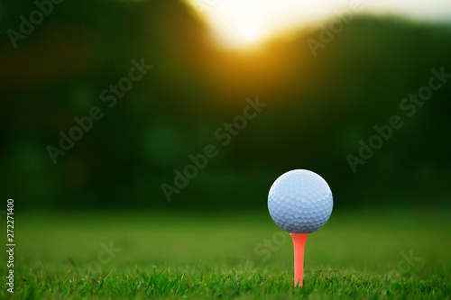 golf ball on tee in a beautiful golf course with morning sunshine