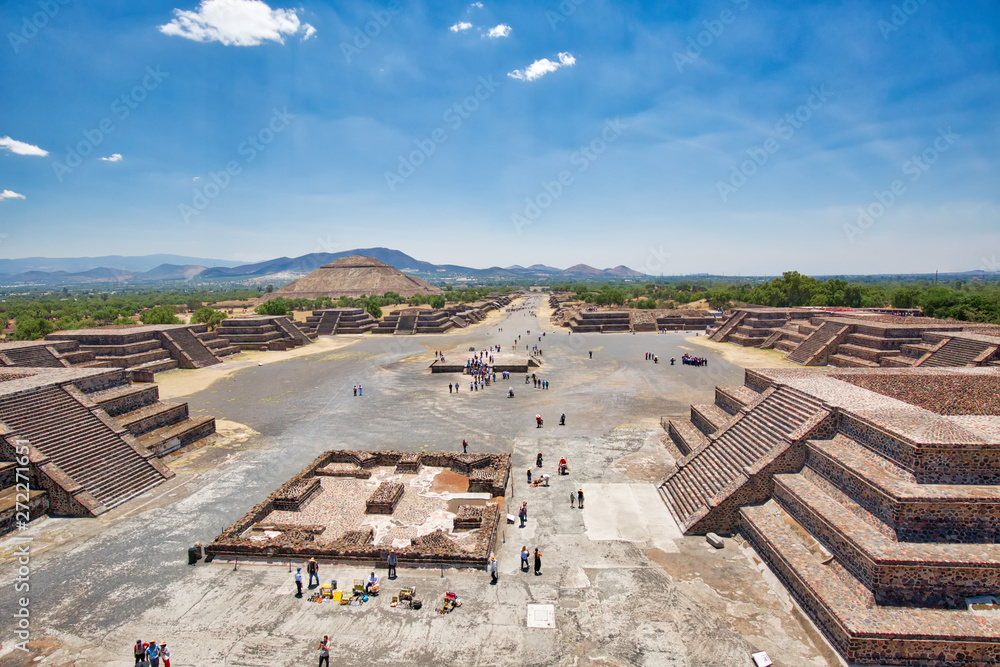 Mexico City, Mexico-21 April, 2018: Landmark Teotihuacan pyramids complex located in Mexican Highlands and Mexico Valley close to Mexico City