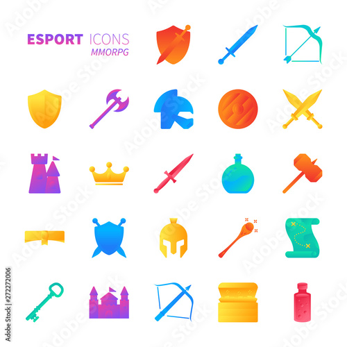 Brilliant colorful gradient icon set of MMORPG video game and esport concept.