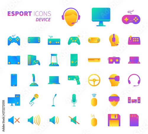 Brilliant colorful gradient icon set of video game and esport device concept.