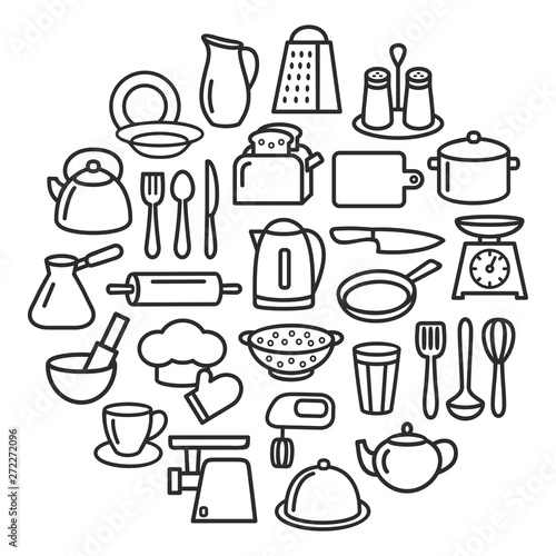 Cooking set of kitchenware line icons in circle