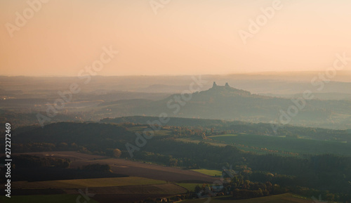 Nice evening sunset panorama of the trosky castle in bohemian paradaise (cesky raj) in the Czech Republic.
