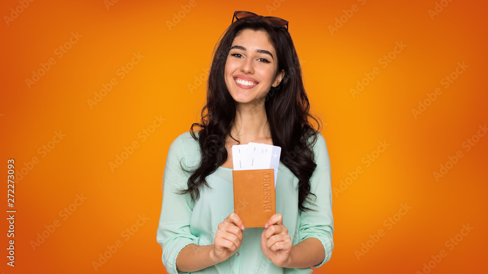 My vacation. Beautiful woman with passport and air tickets My vacation. Beautiful woman with passport and air tickets