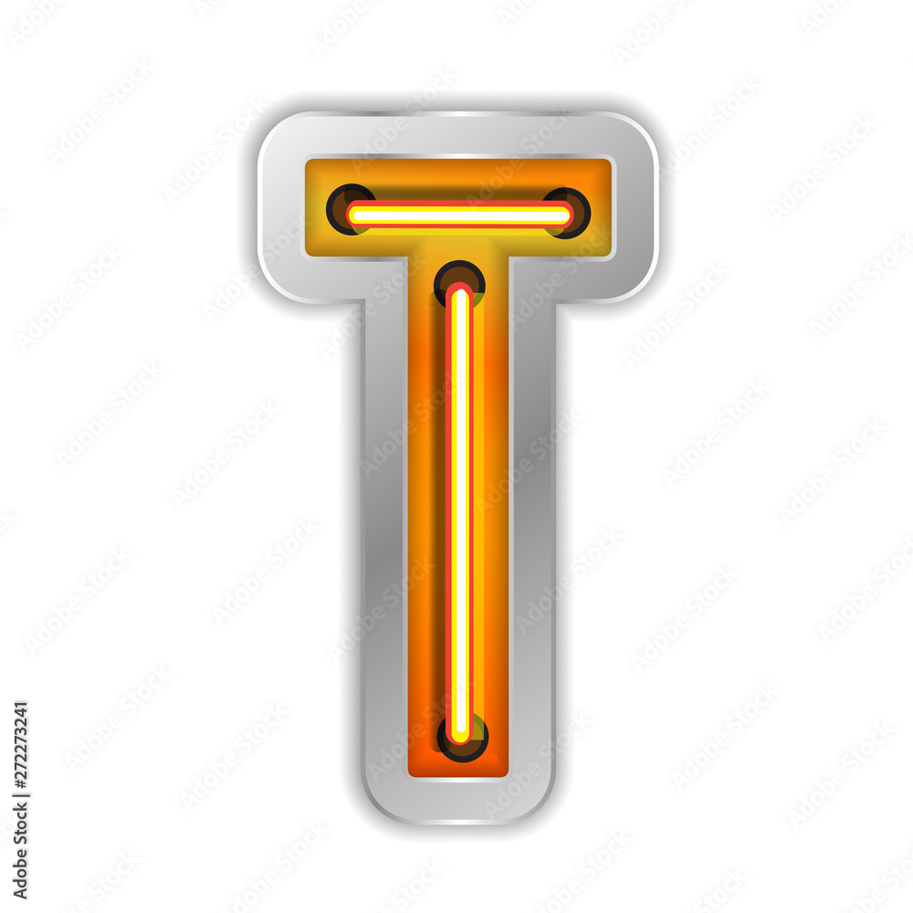 Bright Neon Font with fluorescent. T letter. Night Show Alphabet.Neon light 3D alphabet Isolated on White Background. - Vector illustration Bright Neon Font with fluorescent. T letter. Night Show Alphabet.Neon light 3D alphabet Isolated on White Background. - Vector illustration