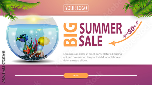 Big summer sale, discount horizontal web banner with modern, stylish design and round aquarium with fish