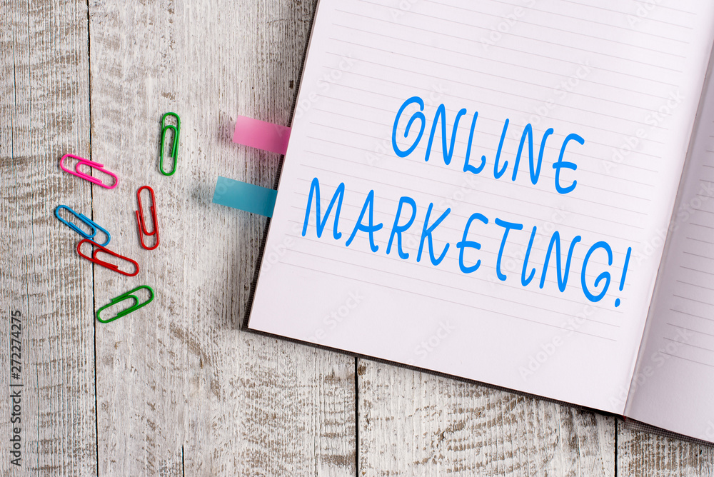 Text sign showing Online Marketing. Business photo text leveraging web based channels spread about companys brand Thick pages notebook stationary placed above classic look wooden backdrop Text sign showing Online Marketing. Business photo text leveraging web based channels spread about companys brand Thick pages notebook stationary placed above classic look wooden backdrop