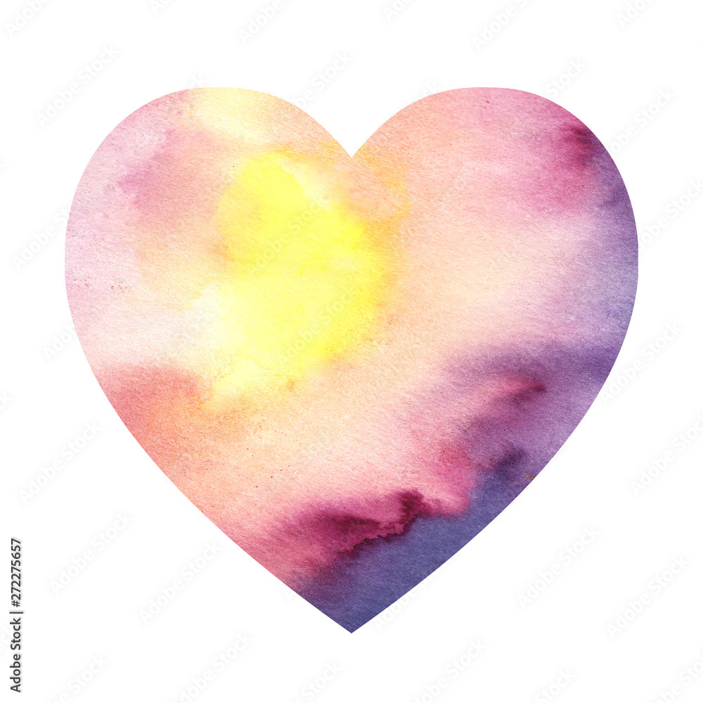 watercolor illustration of a heart with a gradient from blue yellow to pink purple. sunset color. Postcard to the day of St. Valentine. design element