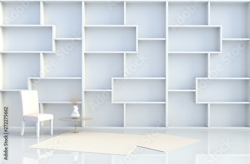 Warm white room decor with shelves wall, tile floor, carpet, branch,chair. The sun shines through the window into the shadows. 3D render.