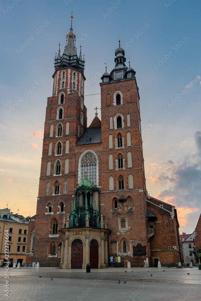 St Mary's Basilica and main square (Rynek Główny) at Old Town, Krakow, Poland