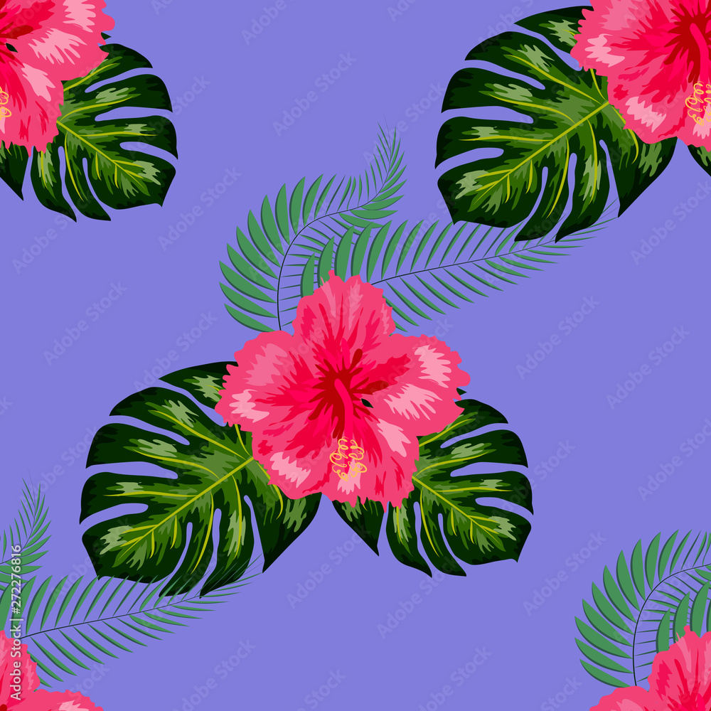 Naklejka premium Seamless pattern of leaves monstera, flowers, tropical leaves of palm tree.