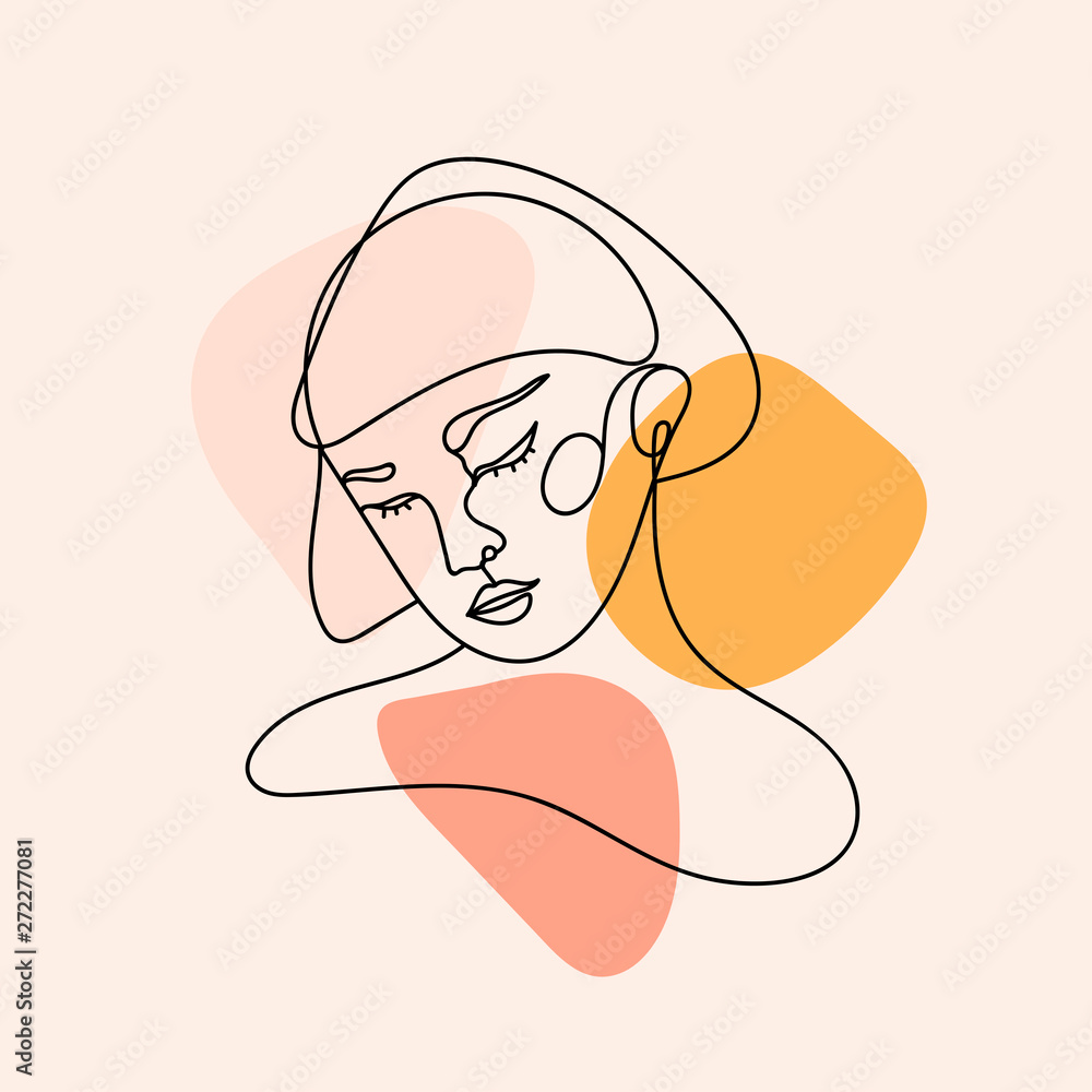 Fototapeta Modern abstract face. Contemporary female silhouette. Hand drawn outline trendy vector illustration. Continuous line, minimalistic concept. Pastel colors