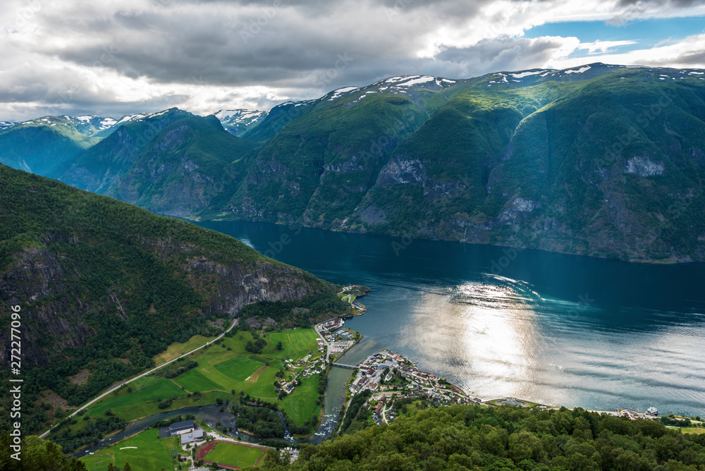 Panoramic view of Aurlandsfjord from Stegastein viewpoint in Sogn og Fjordane county of Norwey.