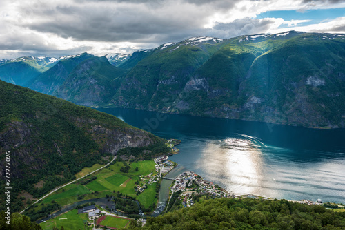 Panoramic view of Aurlandsfjord from Stegastein viewpoint in Sogn og Fjordane county of Norwey. © sasha64f