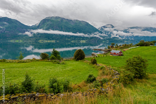 Landscape of Lustrafjorden in Hoyheimsvik area in Norway.