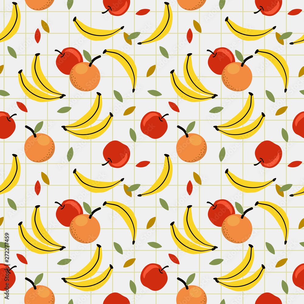 Fresh fruit, banana, apple and orange, seamless pattern. Fresh fruit, banana, apple and orange, seamless pattern.