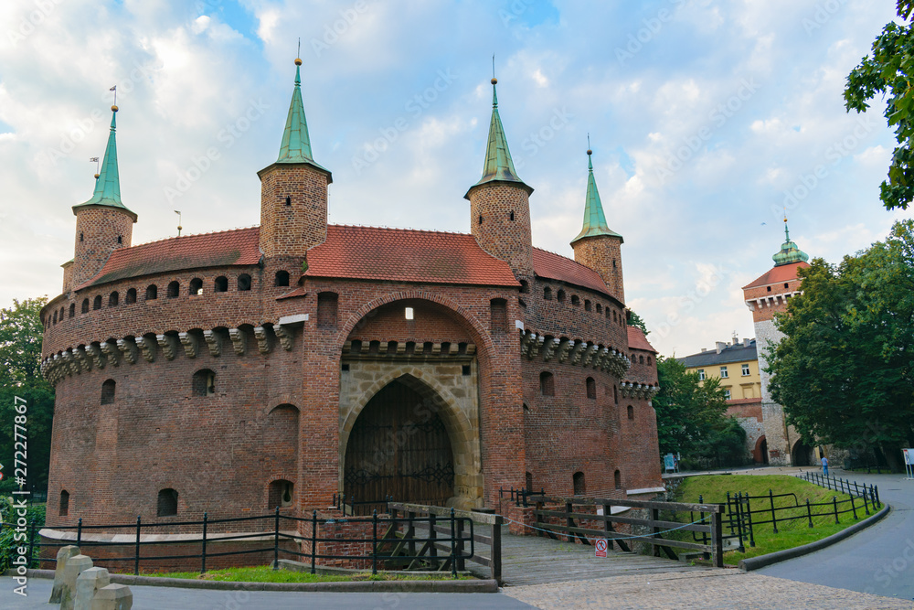 Krakow Barbican (Barbakan) with Florian Gate (Brama Floriańska) at the background