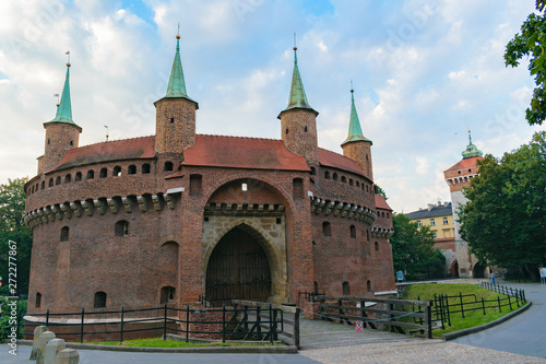 Krakow Barbican (Barbakan) with Florian Gate (Brama Floriańska) at the background