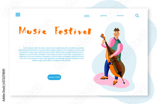 Music Festival landing page layout. Double bass player cartoon character