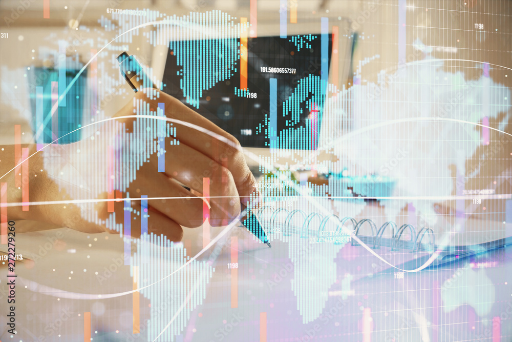 International business hud over woman's hands writing background. Concept of hard work. Double exposure International business hud over woman's hands writing background. Concept of hard work. Double exposure