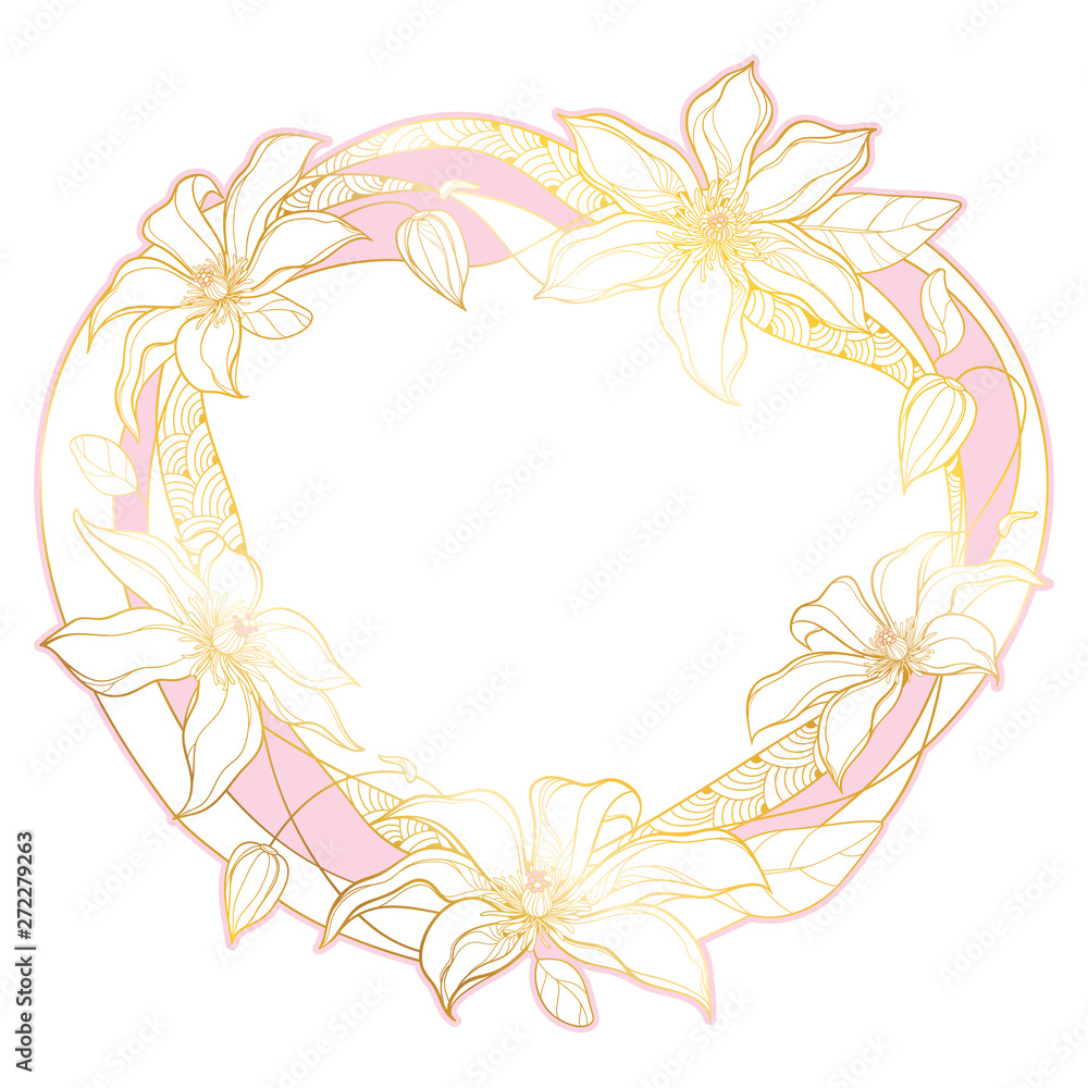 Round frame with outline Clematis ornate flower bunch, bud and leaves in pastel pink and gold isolated on white background. Round frame with outline Clematis ornate flower bunch, bud and leaves in pastel pink and gold isolated on white background.