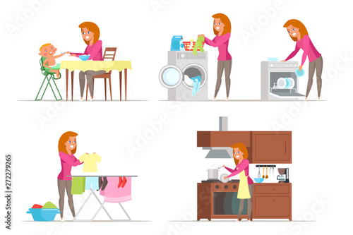 Housewife duties flat vector characters set