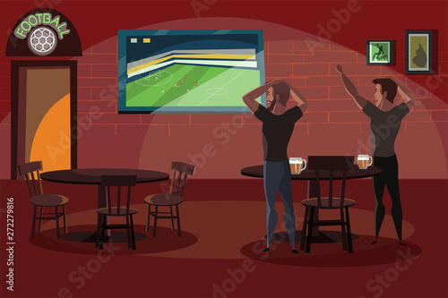 Friends watching football match in bar flat illustration