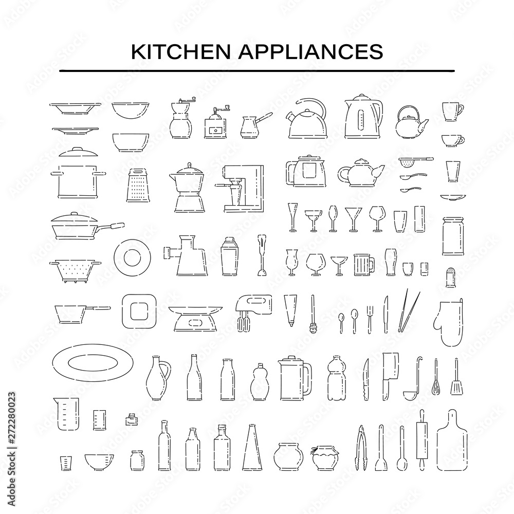 Set dishes and appliances for the kitchen line art vector black white isolated illustration. Set dishes and appliances for the kitchen line art vector black white isolated illustration.