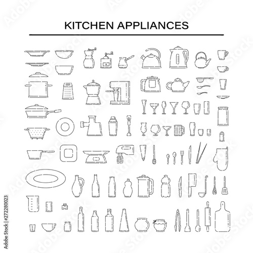 Set dishes and appliances for the kitchen line art vector black white isolated illustration.