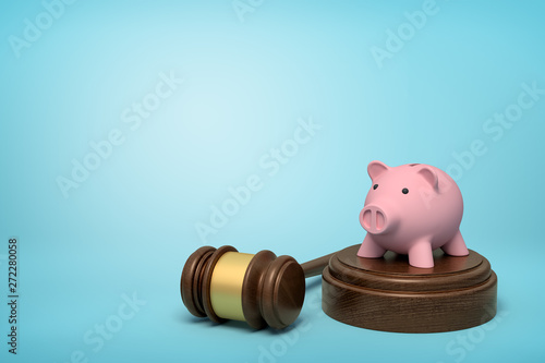 3d rendering of pink piggy bank standing on sounding block with gavel lying beside on light-blue background with copy space.