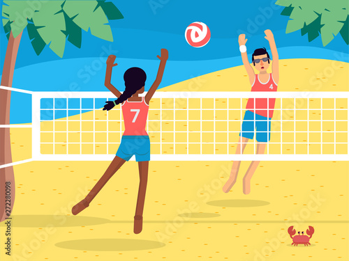 People playing beach volleyball flat illustration