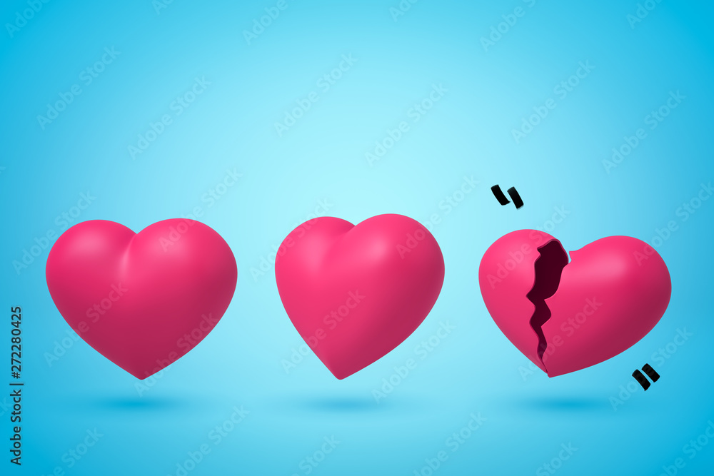 3d rendering of three pink hearts in row, left heart broken in two, on light blue background.