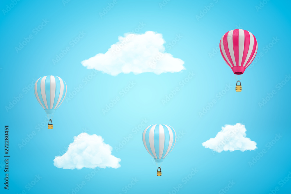 3d rendering of three striped hot-air balloons and three white clouds in light blue sky.
