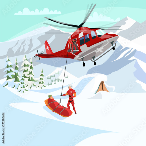 Alpine rescue service flat vector illustration