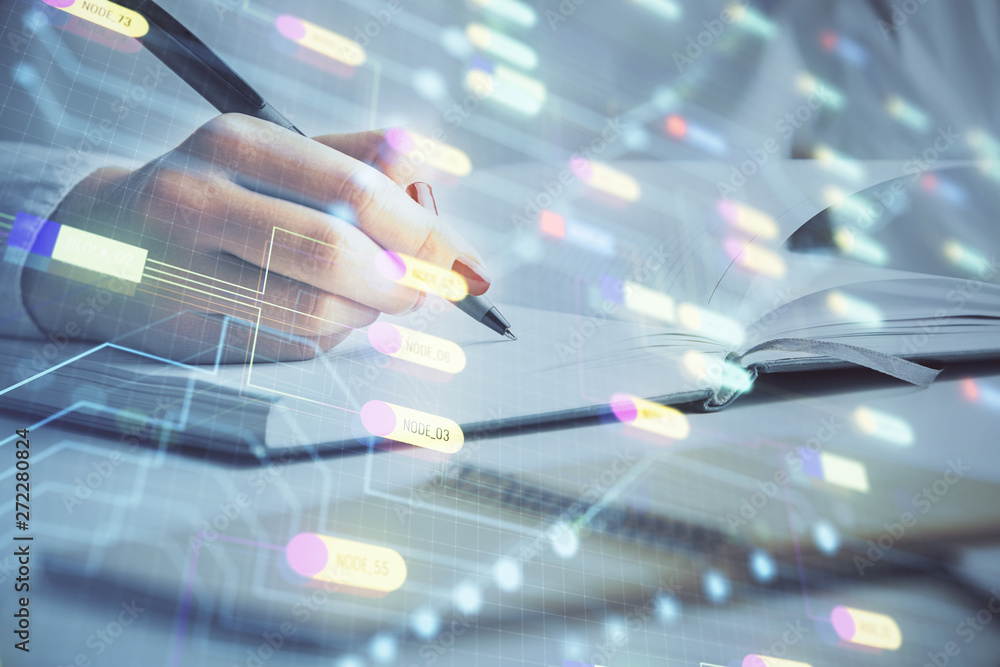 Man's hands with technology theme multi exposure icons. Concept of big data. Man's hands with technology theme multi exposure icons. Concept of big data.