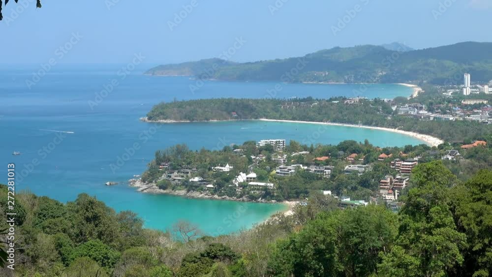 Aerial scenic view over beautiful Andaman sea and 3 bays at Karon Viewpoint, Phuket, Thailand. Zooming out. Aerial scenic view over beautiful Andaman sea and 3 bays at Karon Viewpoint, Phuket, Thailand. Zooming out.