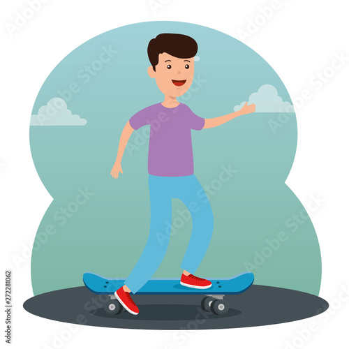 happy boy kid playing with skateboard