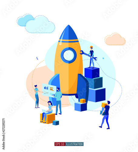 Trendy flat illustration. Business startup concept. Сooperation of people who implement the joint idea. Rocket launch preparation. Template for your design works. Vector graphics.