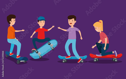 set of girl and boys practing skateboard