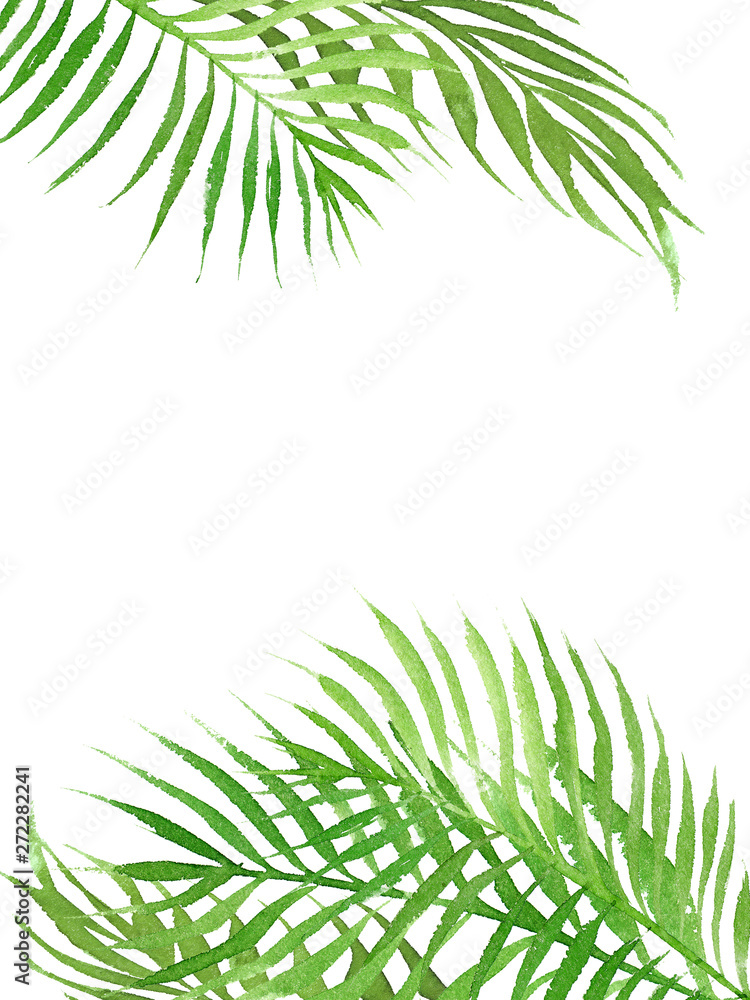 Naklejka premium hand drawn watercolor tropical border frame with palm tree leaves isolated on white background