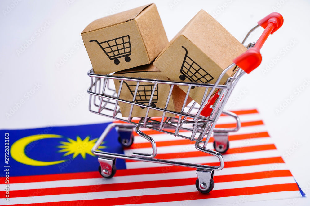 Box with shopping cart logo and Malaysia flag : Import Export Shopping online or eCommerce delivery service store product shipping, trade, supplier concept.