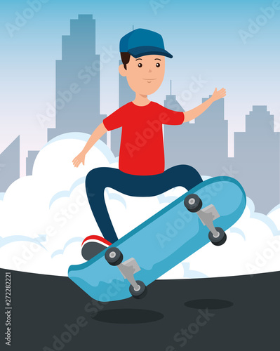 boy kid with casual clothes playing skateboard