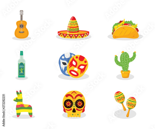 Mexico attributes flat vector illustrations set