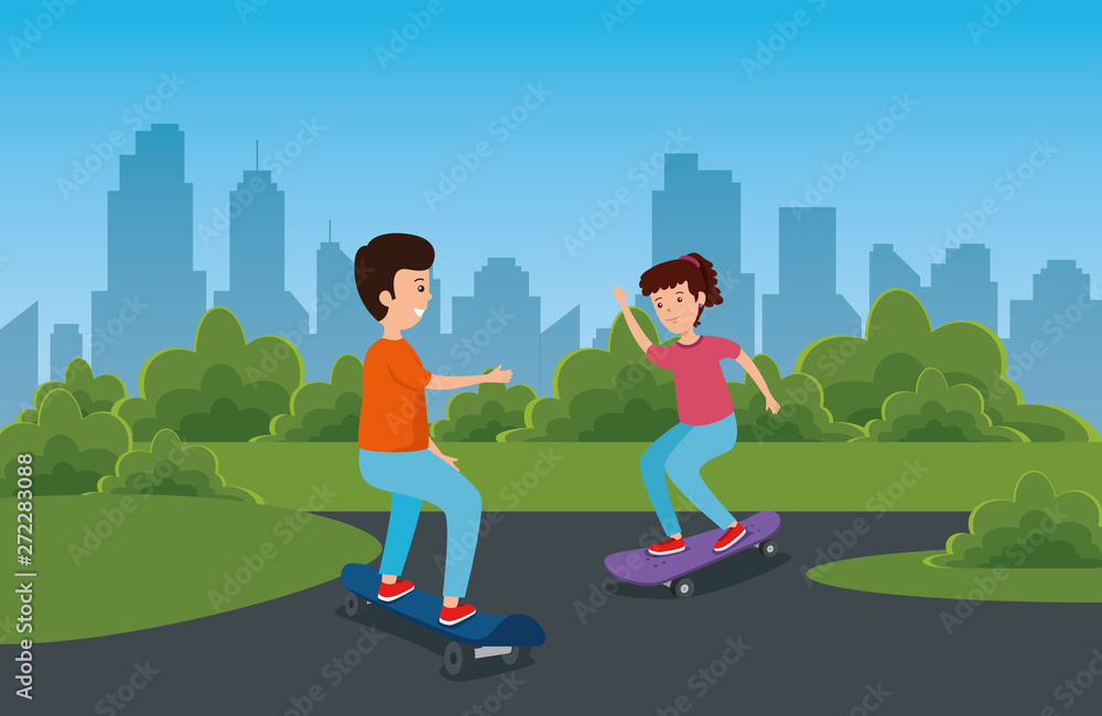 boy and girl playing skateboard sport