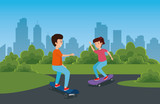 boy and girl playing skateboard sport